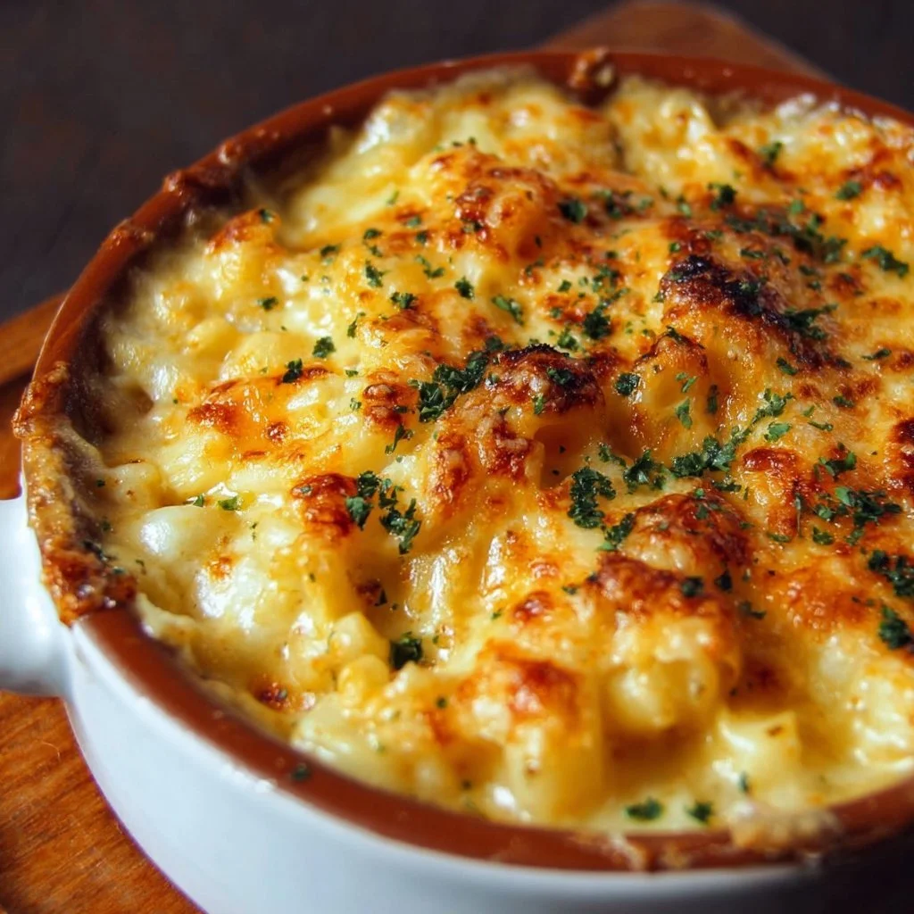 Delicious homemade mac and cheese served in a bowl with cheese and herbs on top