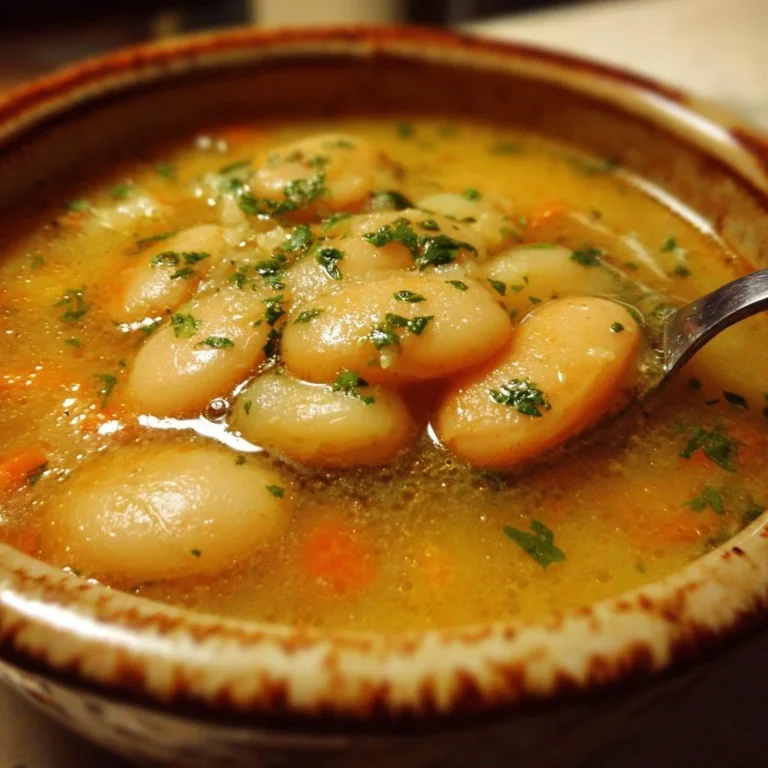Bowl of creamy Butter Bean Soup garnished with herbs and served with bread.
