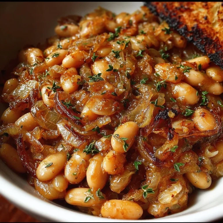 Plate of caramelized onion cannellini beans garnished with herbs