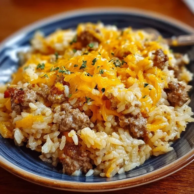 Delicious cheesy hamburger rice casserole served in a dish