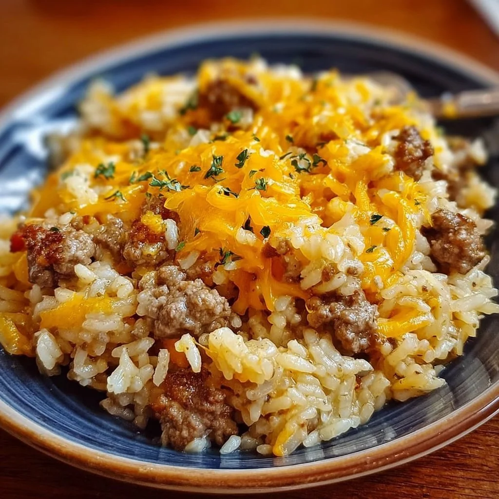 Delicious cheesy hamburger rice casserole served in a dish