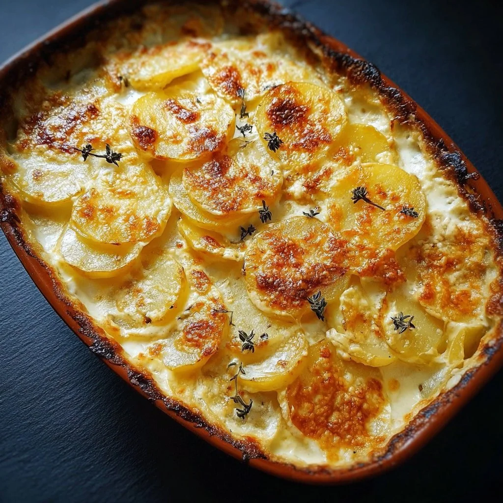 Creamy French potato casserole served in a baking dish
