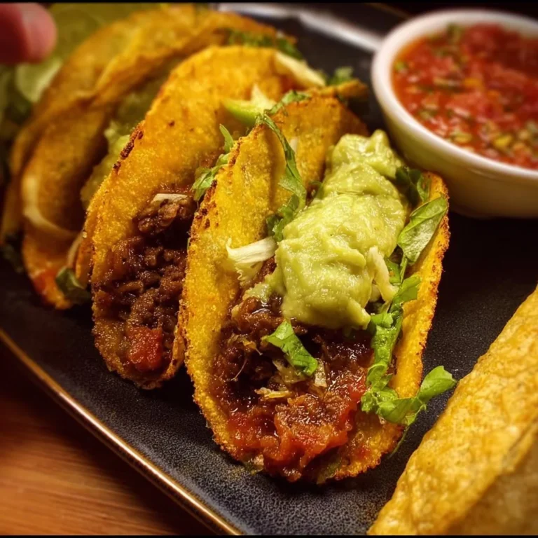 Plate of crispy beef tacos with fresh toppings and salsa