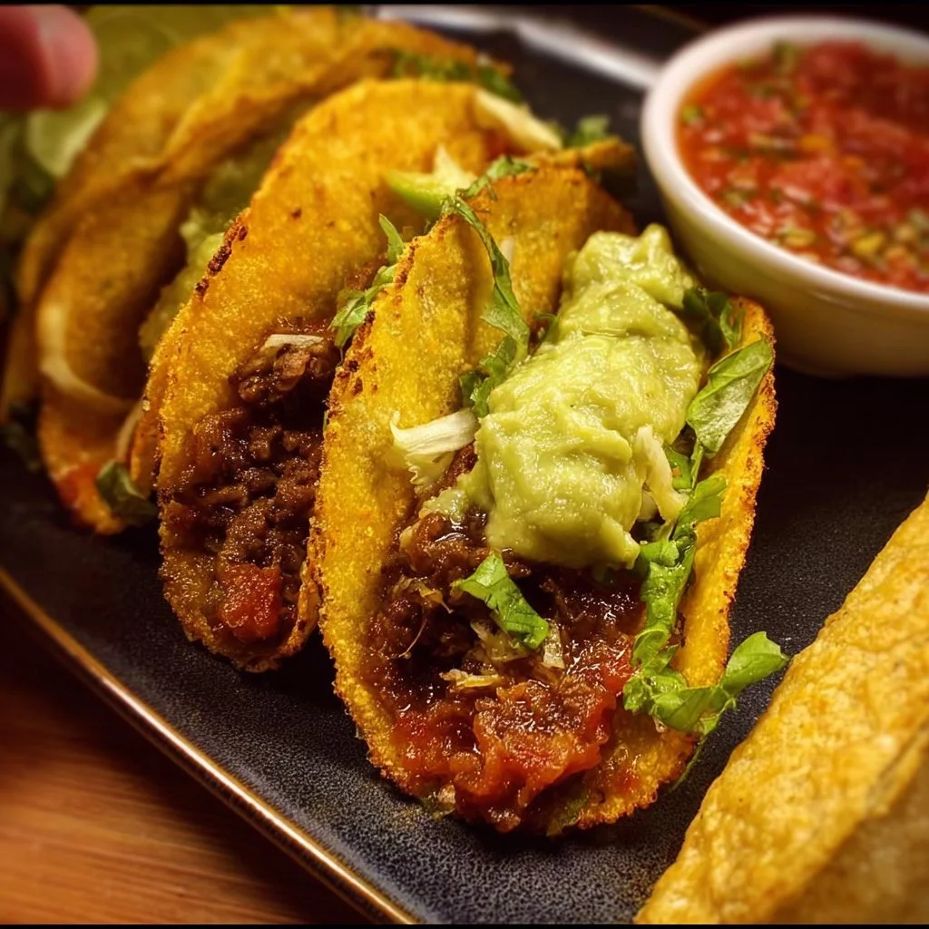 Plate of crispy beef tacos with fresh toppings and salsa