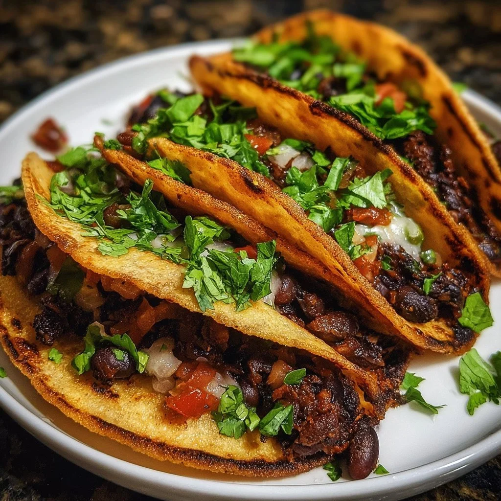 Crispy black bean tacos with fresh toppings served on a plate
