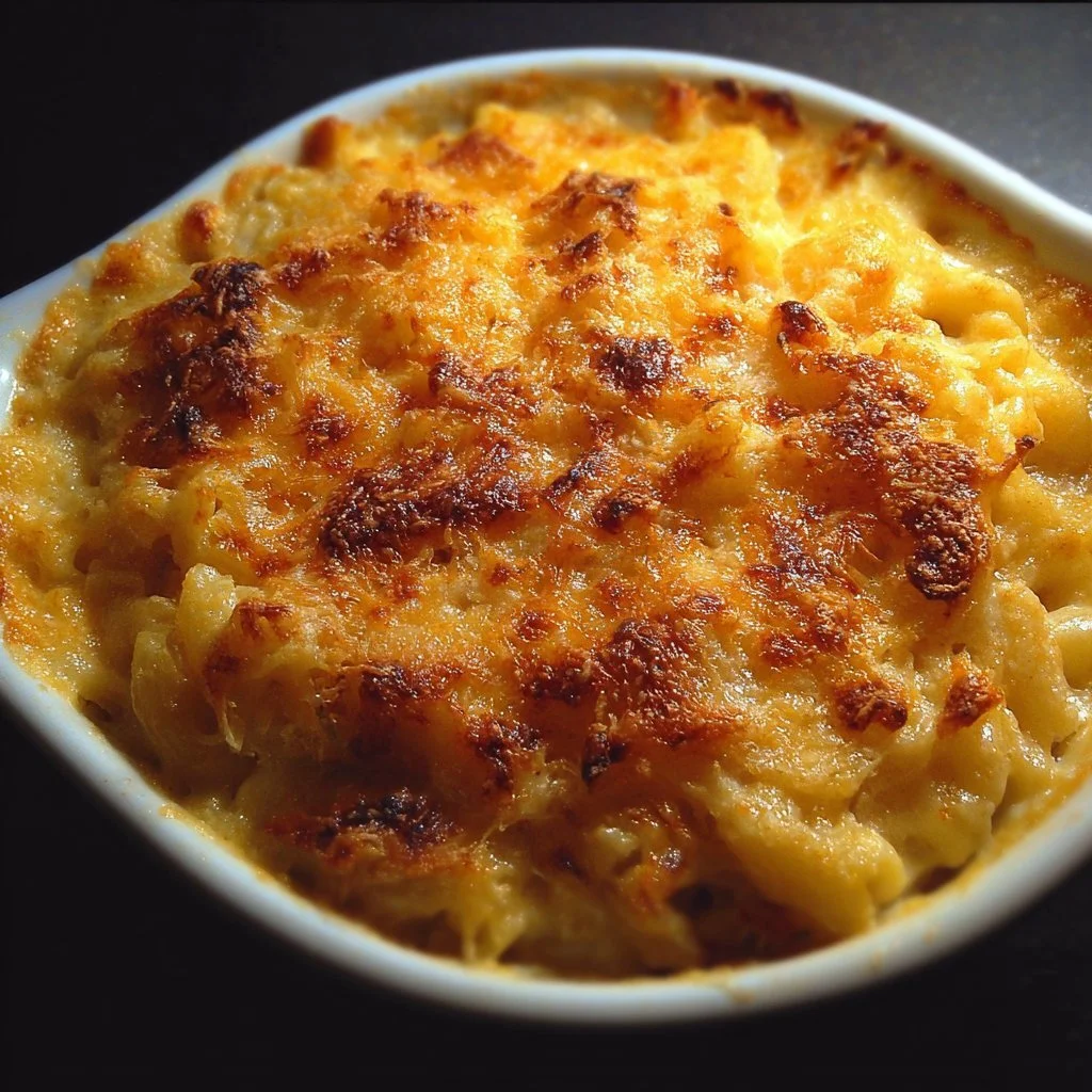 Delicious easy baked mac and cheese topped with breadcrumbs and cheese.