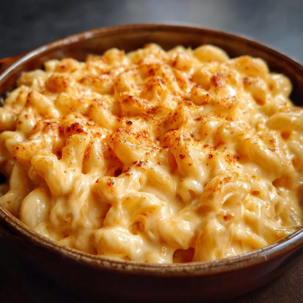 Bowl of extra creamy classic mac and cheese topped with breadcrumbs