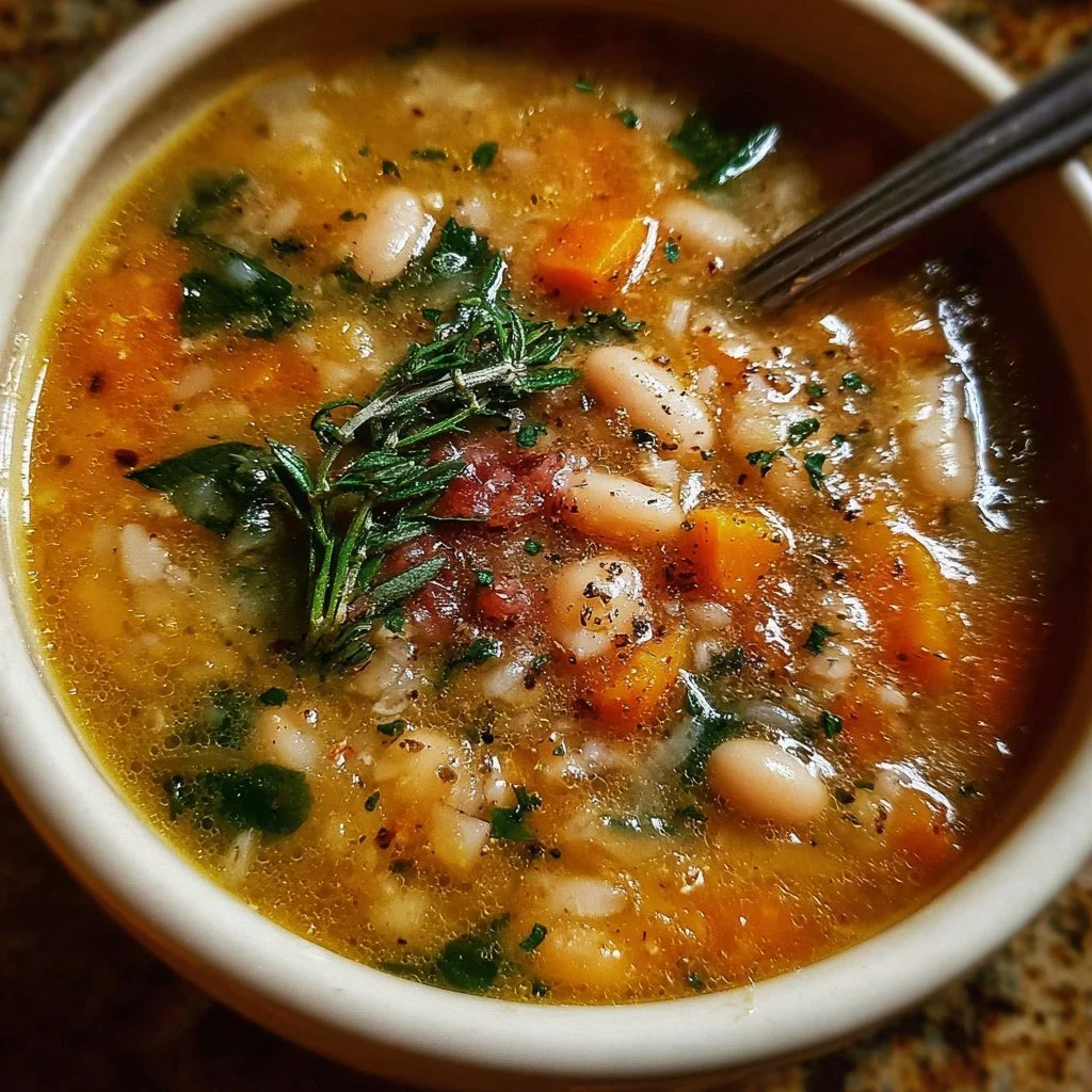 Delicious bowl of flavor-packed white bean soup with fresh herbs and spices