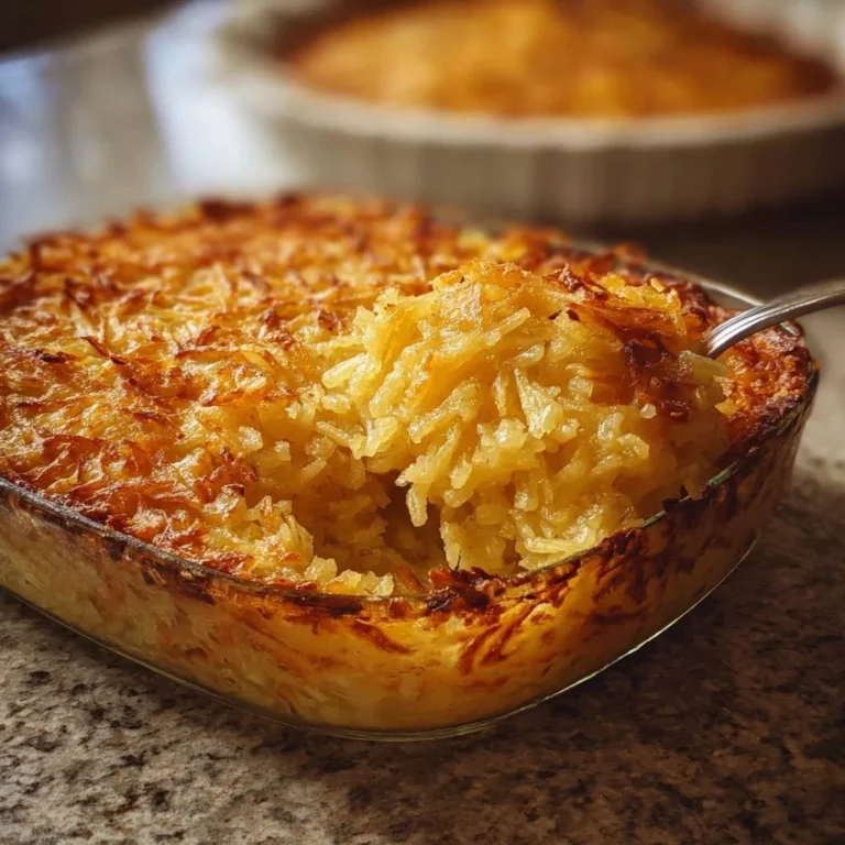 Delicious homemade Grandma's hash brown casserole topped with cheese and crisp edges