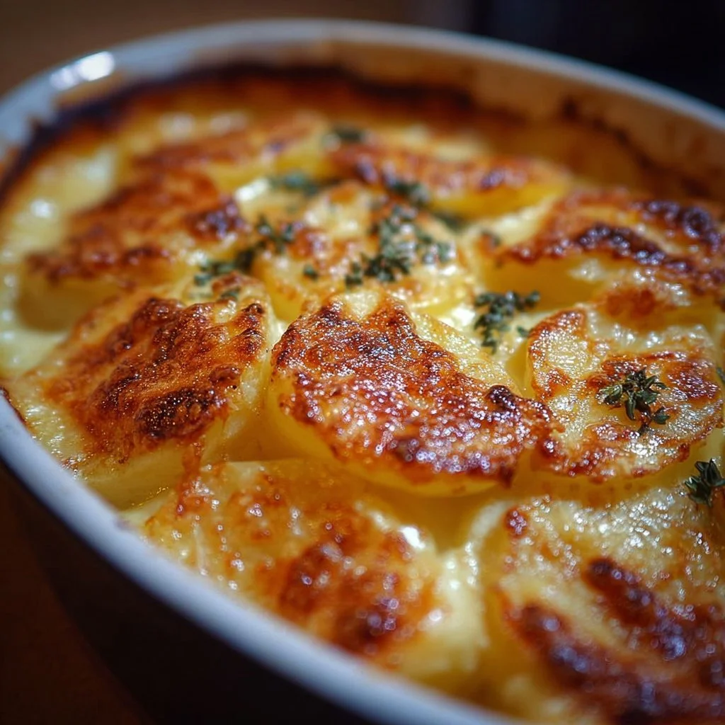 Deliciously cheesy gratin potatoes topped with golden crust