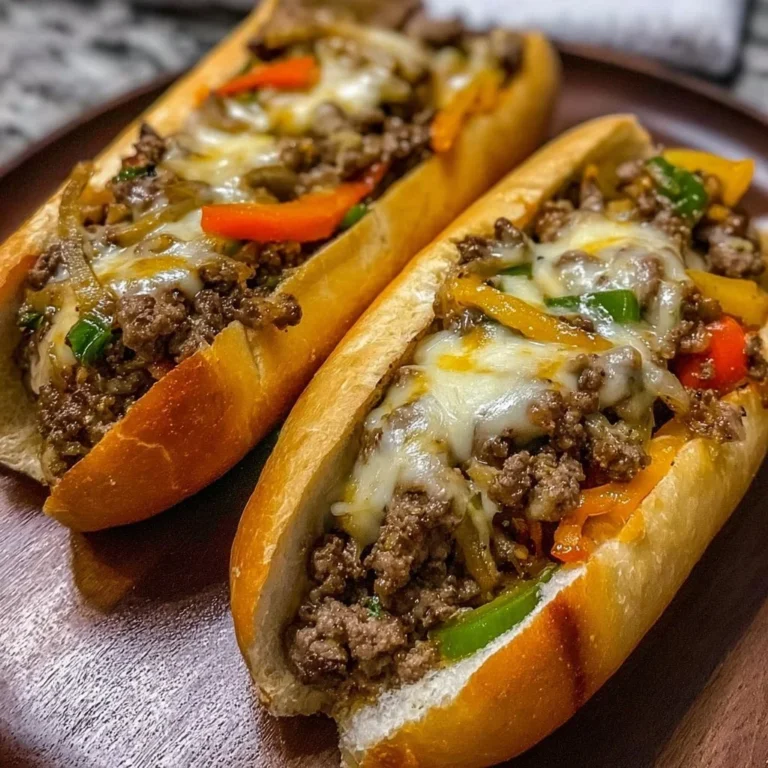 Delicious Ground Beef Philly Cheesesteaks served with toppings and cheese.