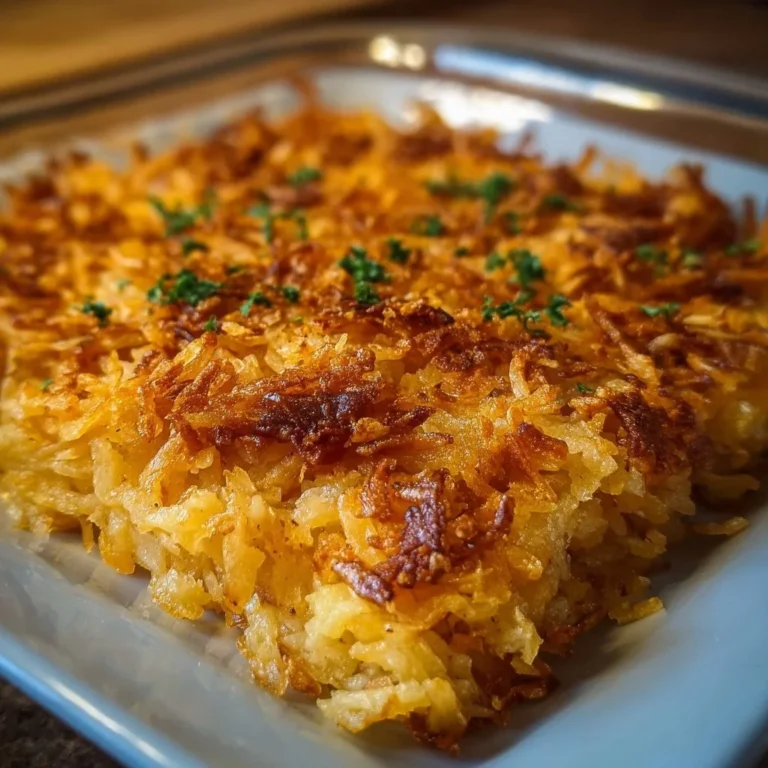 Delicious hashbrown casserole served in a baking dish, topped with cheese and herbs.