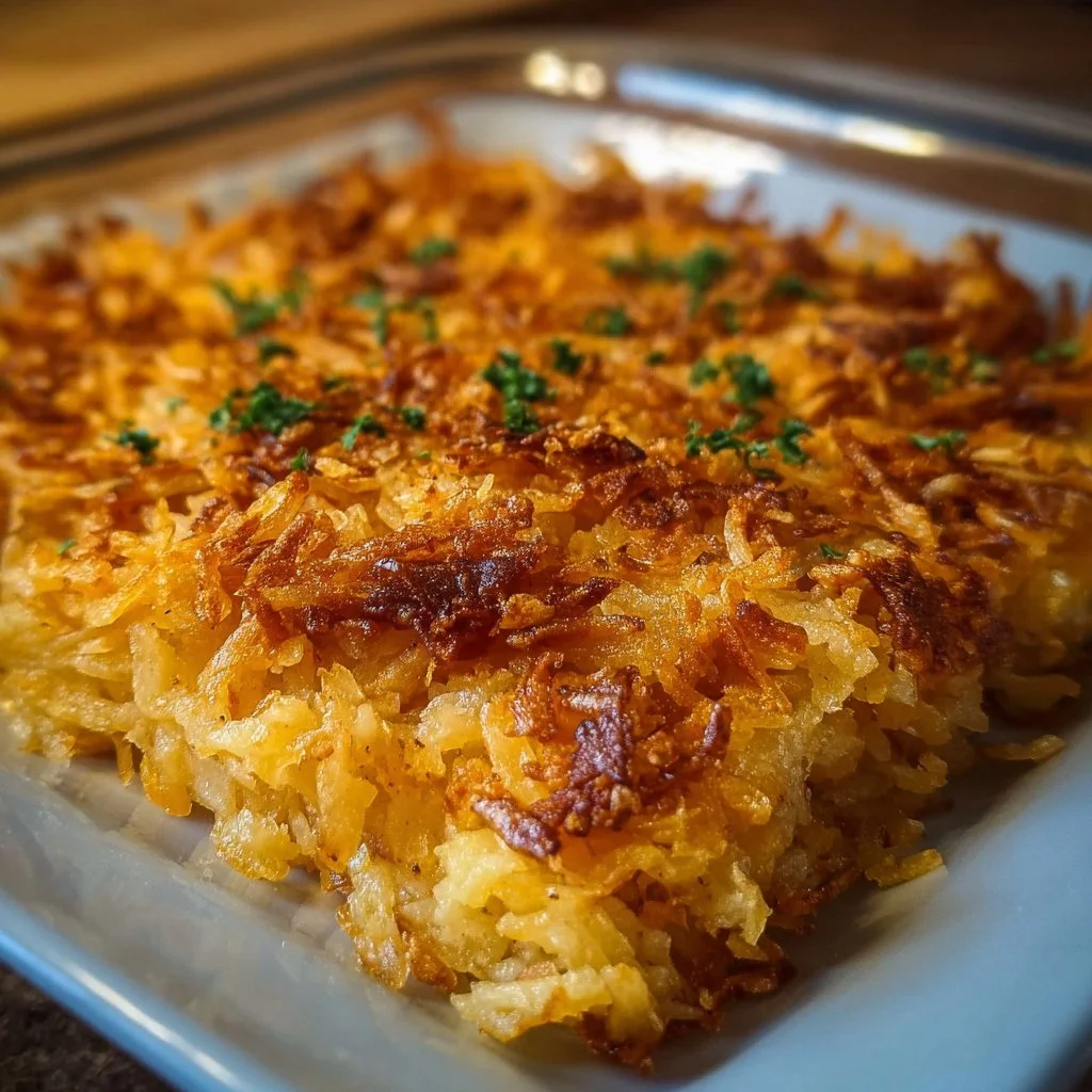 Delicious hashbrown casserole served in a baking dish, topped with cheese and herbs.