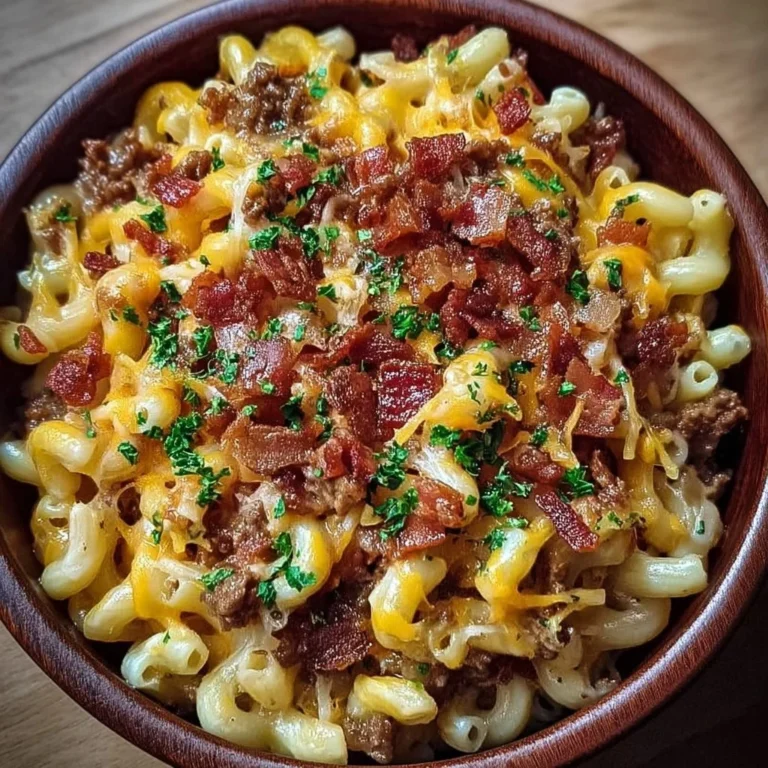 Creamy Loaded Bacon Cheeseburger Pasta topped with crispy bacon and cheese