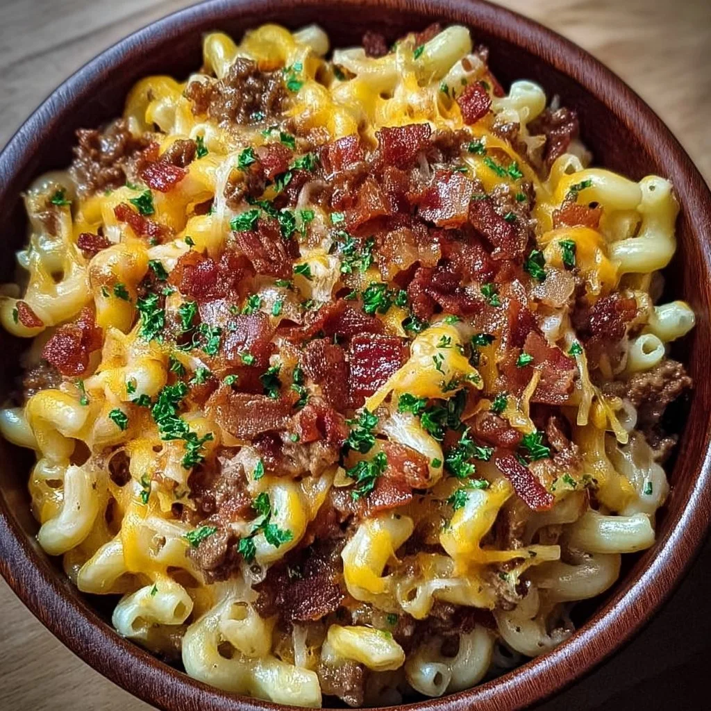Creamy Loaded Bacon Cheeseburger Pasta topped with crispy bacon and cheese
