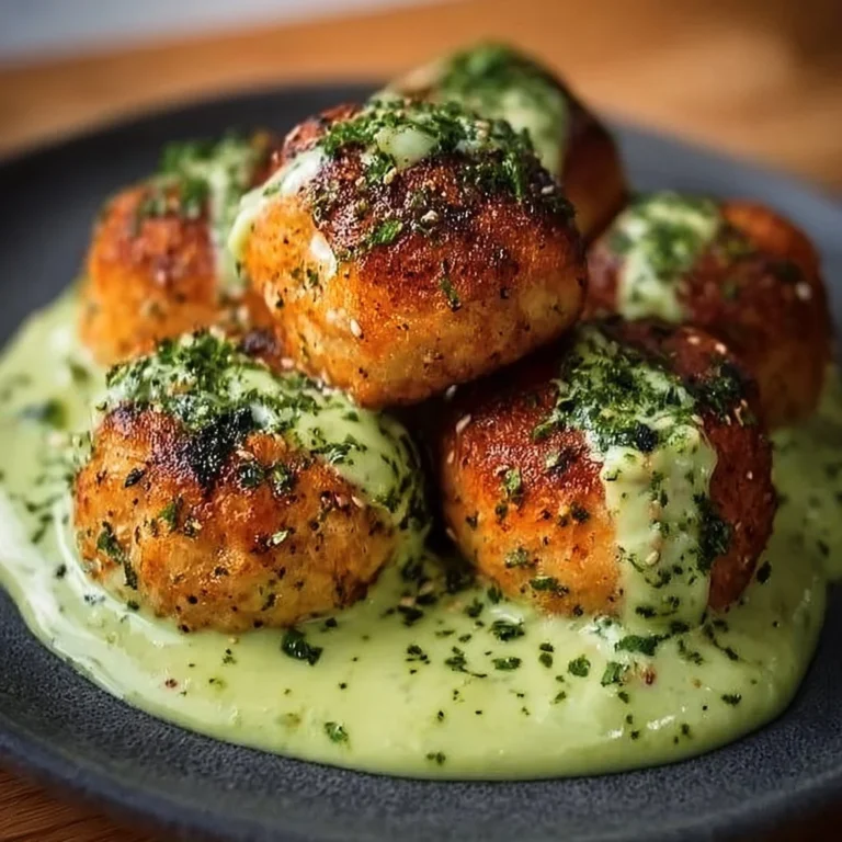 Baked salmon balls served with a creamy avocado sauce on a plate.