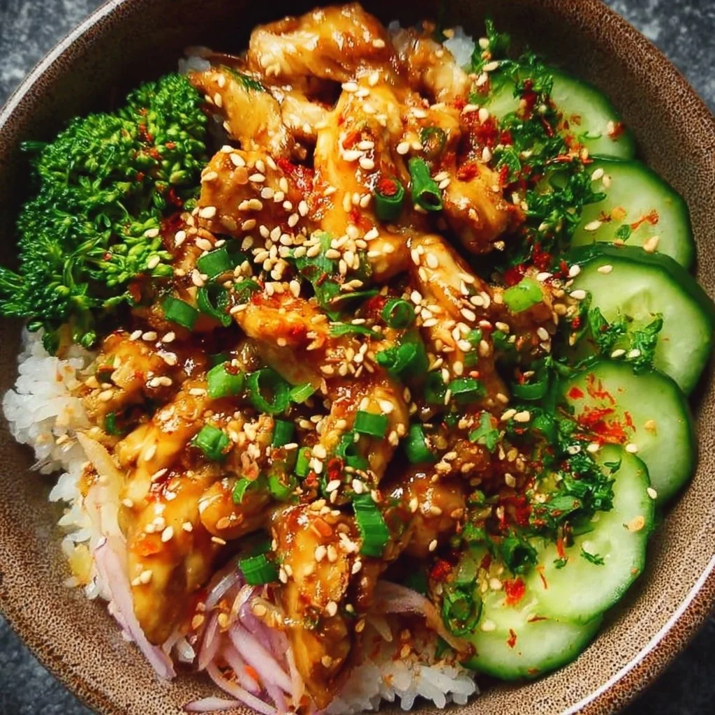 Bang Bang Chicken Bowl with tender chicken, sauces, and colorful veggies.