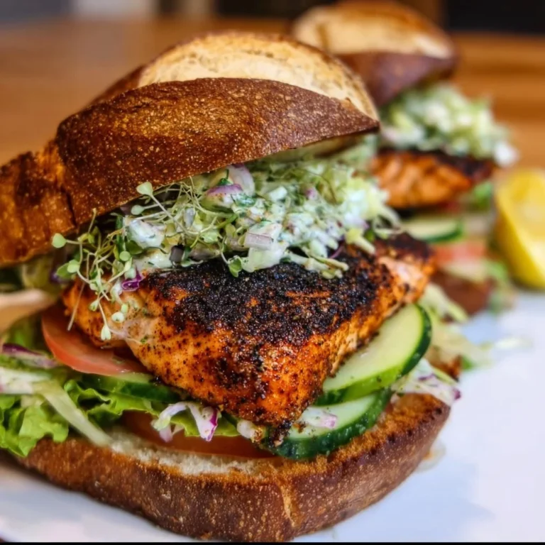 Blackened salmon sandwich Cajun style with fresh ingredients on a toasted bun.