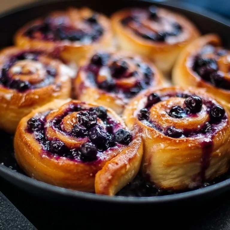 Freshly baked blueberry cinnamon rolls with icing on a plate