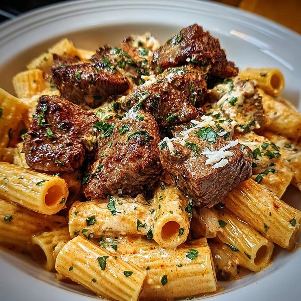 Delicious Cajun steak tips served with creamy parmesan rigatoni.