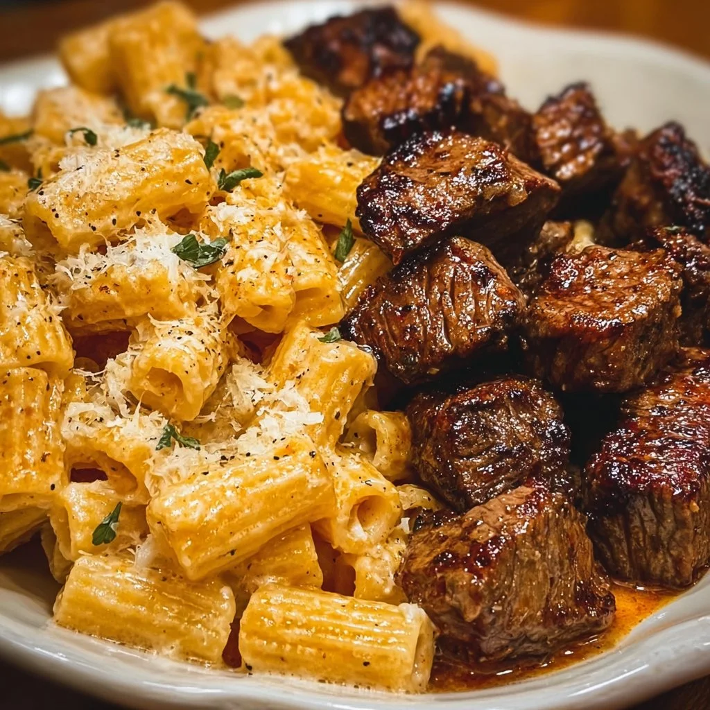 Cajun Steak Tips with Creamy Parmesan Rigatoni