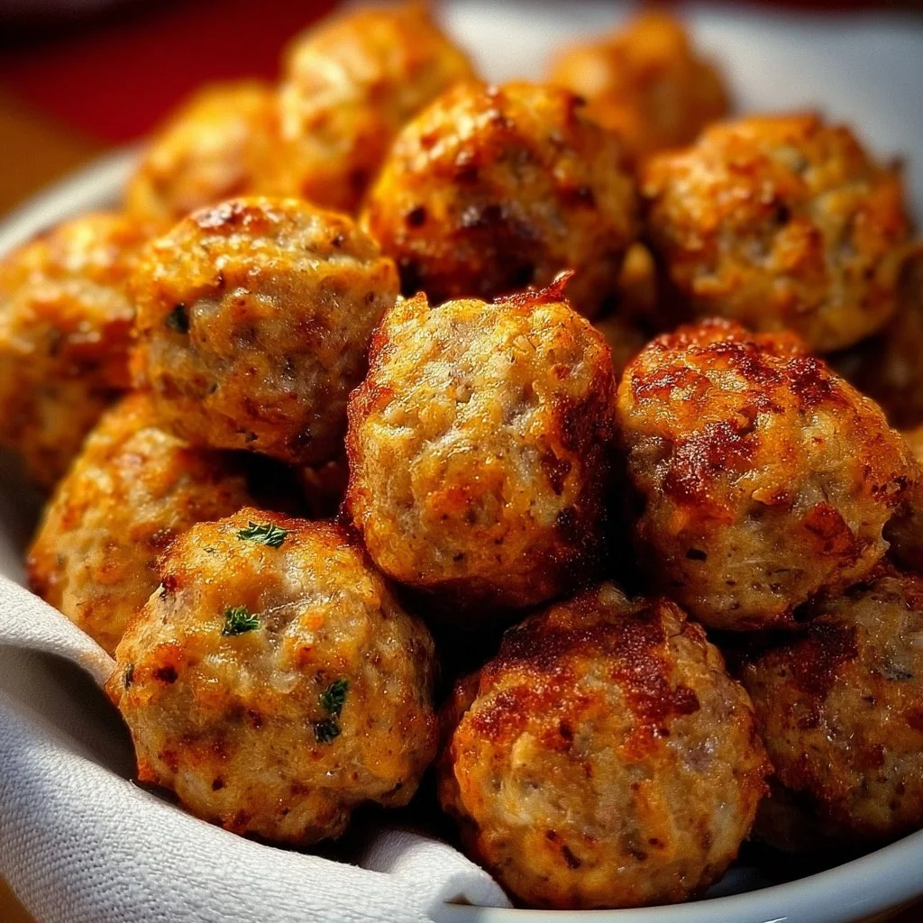 Delicious Cheddar Bay beef sausage balls served on a platter.