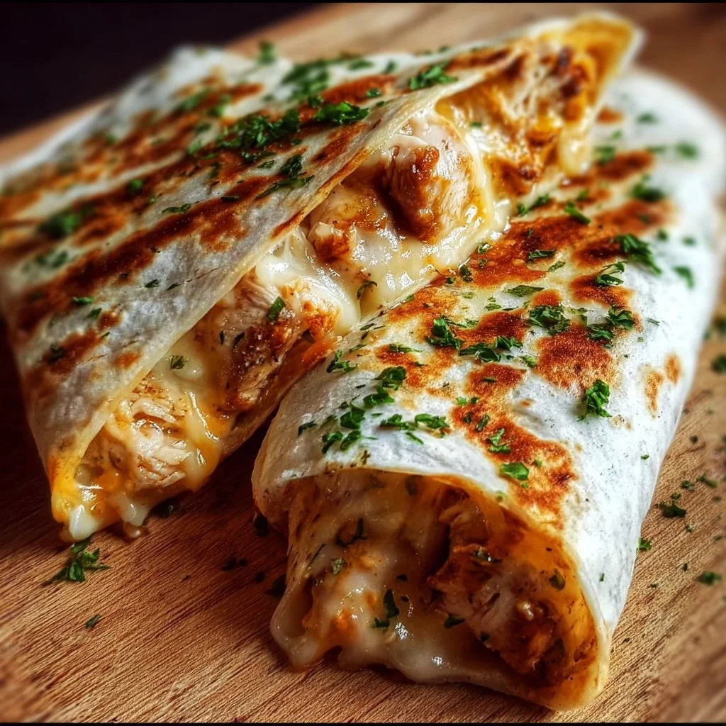 Delicious cheesy garlic chicken wraps with fresh ingredients and melted cheese