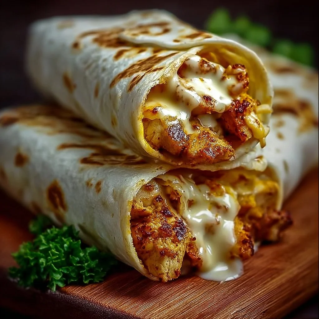 Cheesy garlic chicken wraps on a plate, garnished with herbs.
