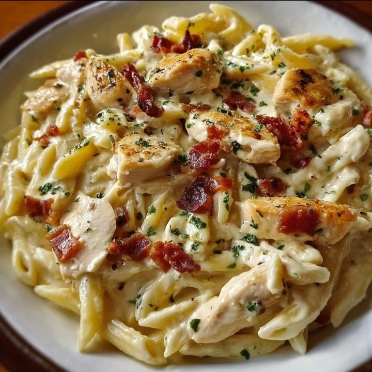 Creamy Chicken Bacon Ranch Pasta served in a bowl with fresh herbs.
