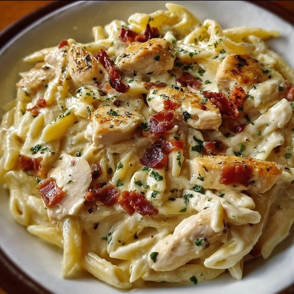 Creamy Chicken Bacon Ranch Pasta served in a bowl with fresh herbs.