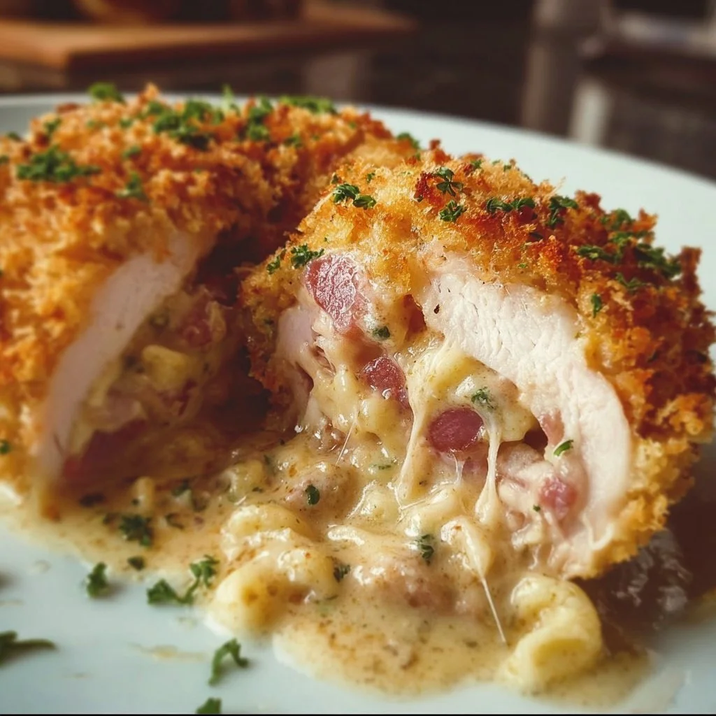 A beautifully plated Chicken Blue Ribbon dish garnished with herbs.