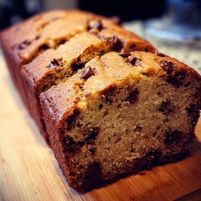 Loaf of chocolate chip banana bread fresh out of the oven, topped with chocolate chips.