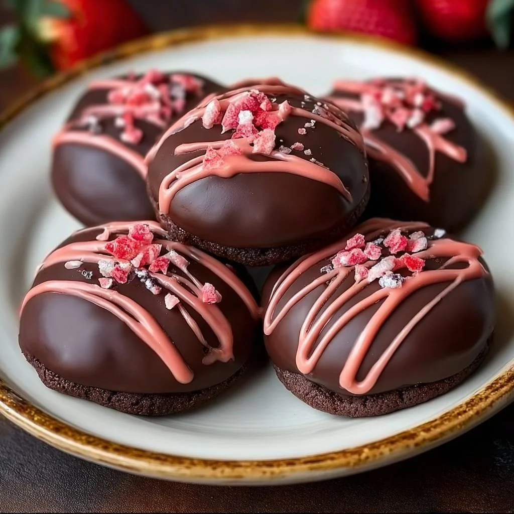 Delicious chocolate covered strawberry cookies on a decorative plate
