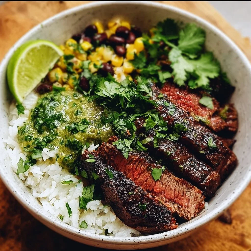 Cilantro Lime Steak Bowls with fresh vegetables and lime slices