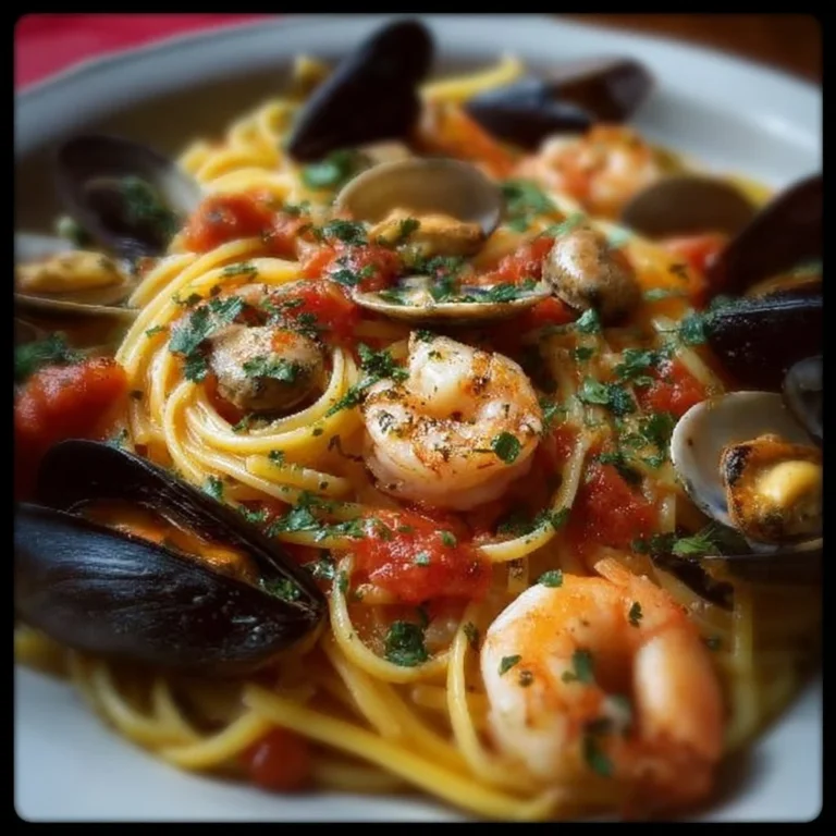 A delicious plate of seafood pasta garnished with herbs and lemon.
