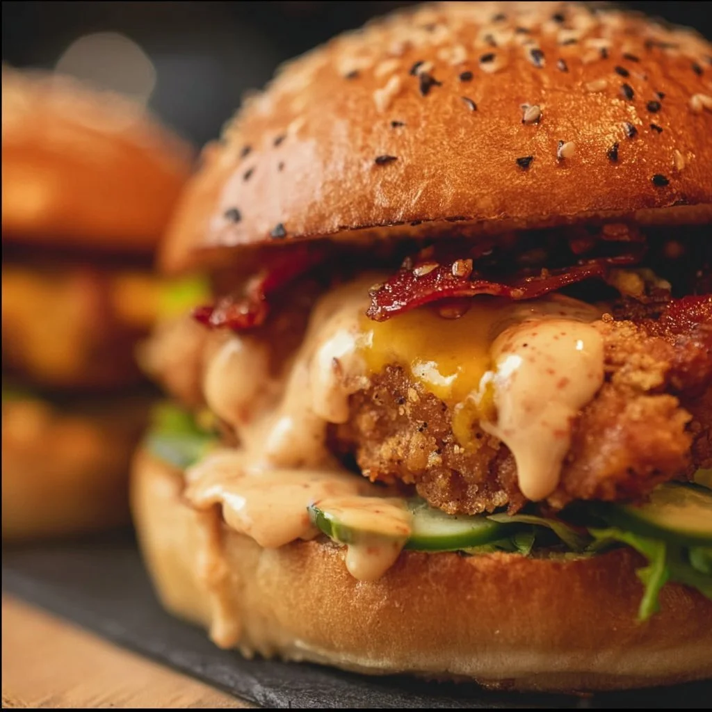 Delicious Crack Chicken Burger served with lettuce and tomato on a brioche bun.
