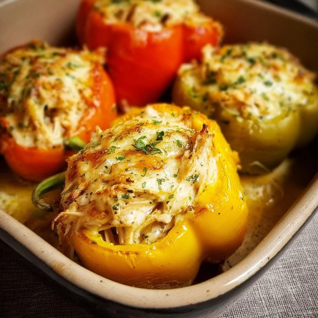 Delicious creamy chicken stuffed peppers ready to be served.