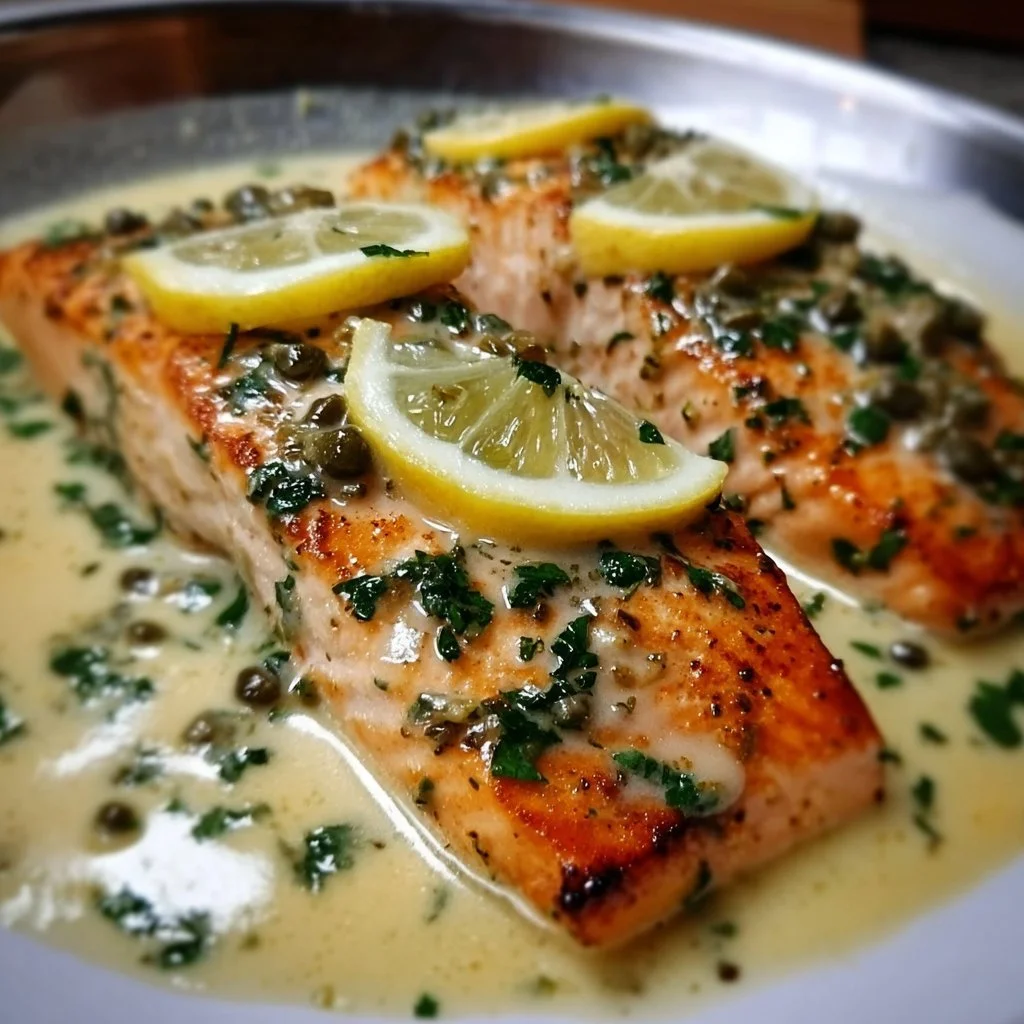 Creamy lemon garlic salmon piccata served with fresh herbs