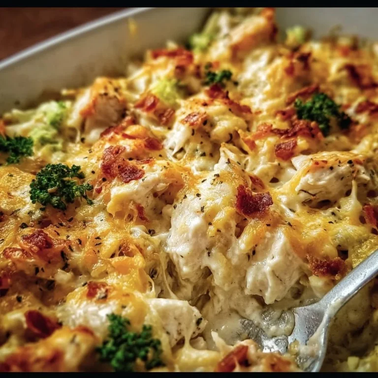 Creamy low carb chicken casserole dish served in a baking dish