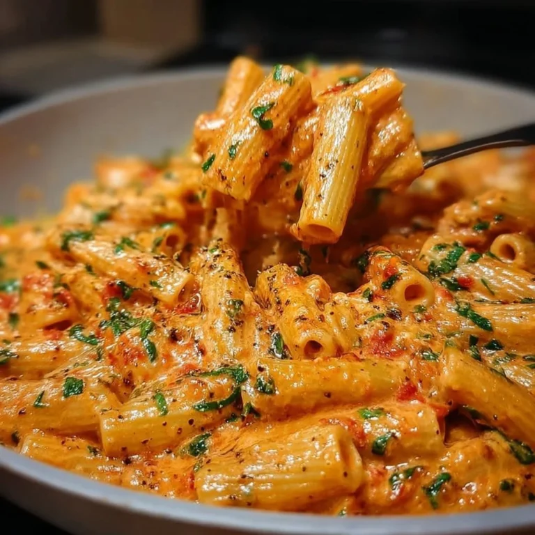 Creamy tomato garlic pasta served in a bowl with fresh basil on top
