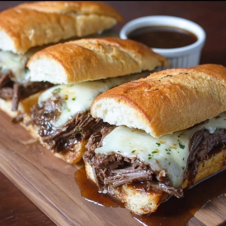 Crockpot French Dip Sandwiches with beef, melted cheese, and dipping broth