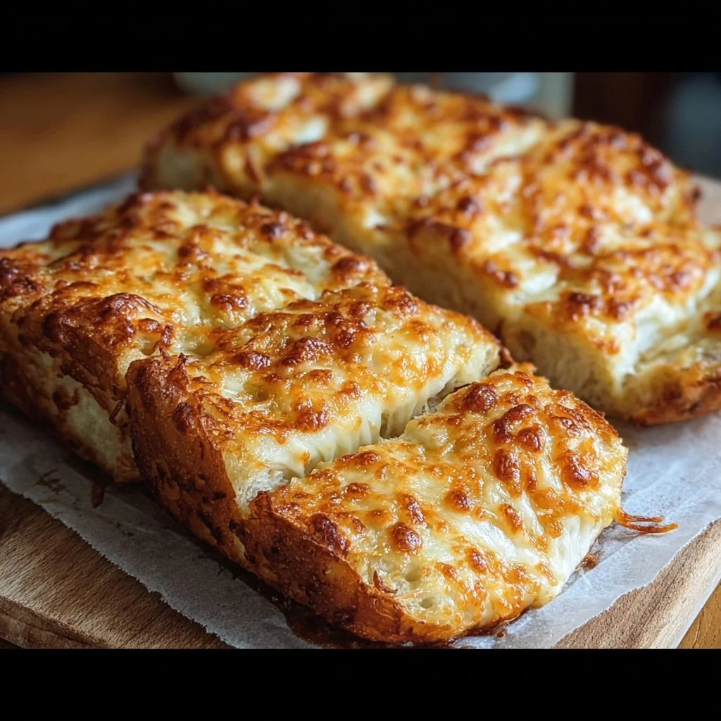 A plate of golden brown cheesy bread with melted cheese on top.