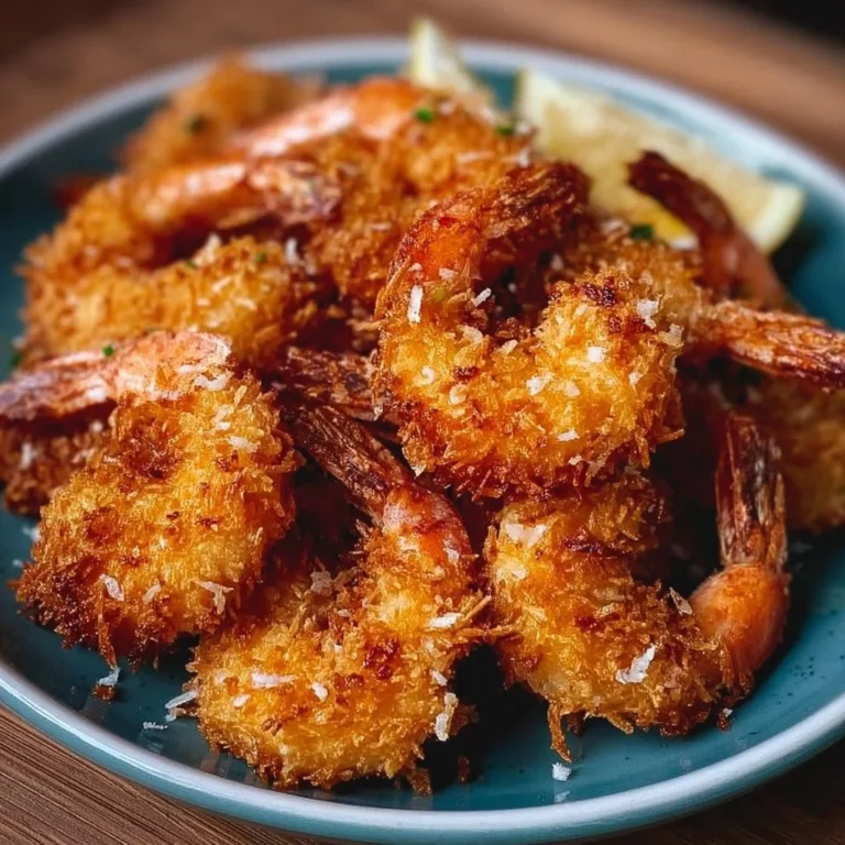 Plate of easy crispy coconut shrimp with dipping sauce on a wooden table