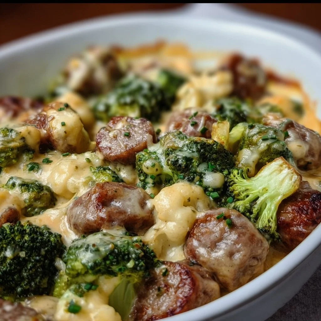 Keto broccoli cauliflower gratin with sausage, a low-carb dish