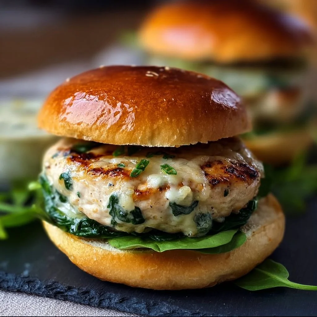 Delicious easy white cheddar chicken burgers with spinach ready to serve