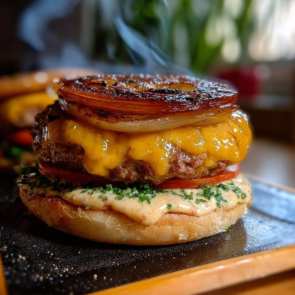 Delicious Flying Dutchman Burger with juicy beef patties