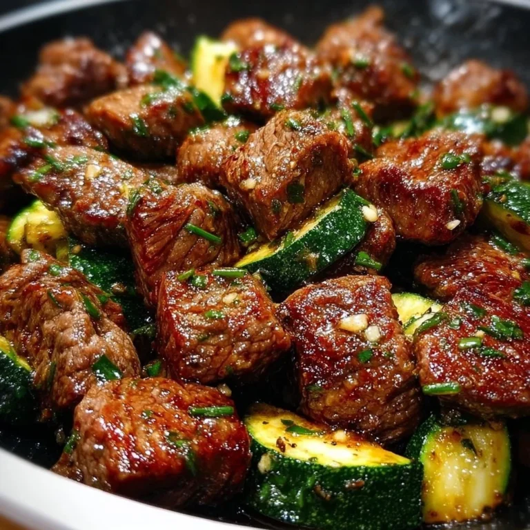 Garlic butter steak bites served on a plate with herbs
