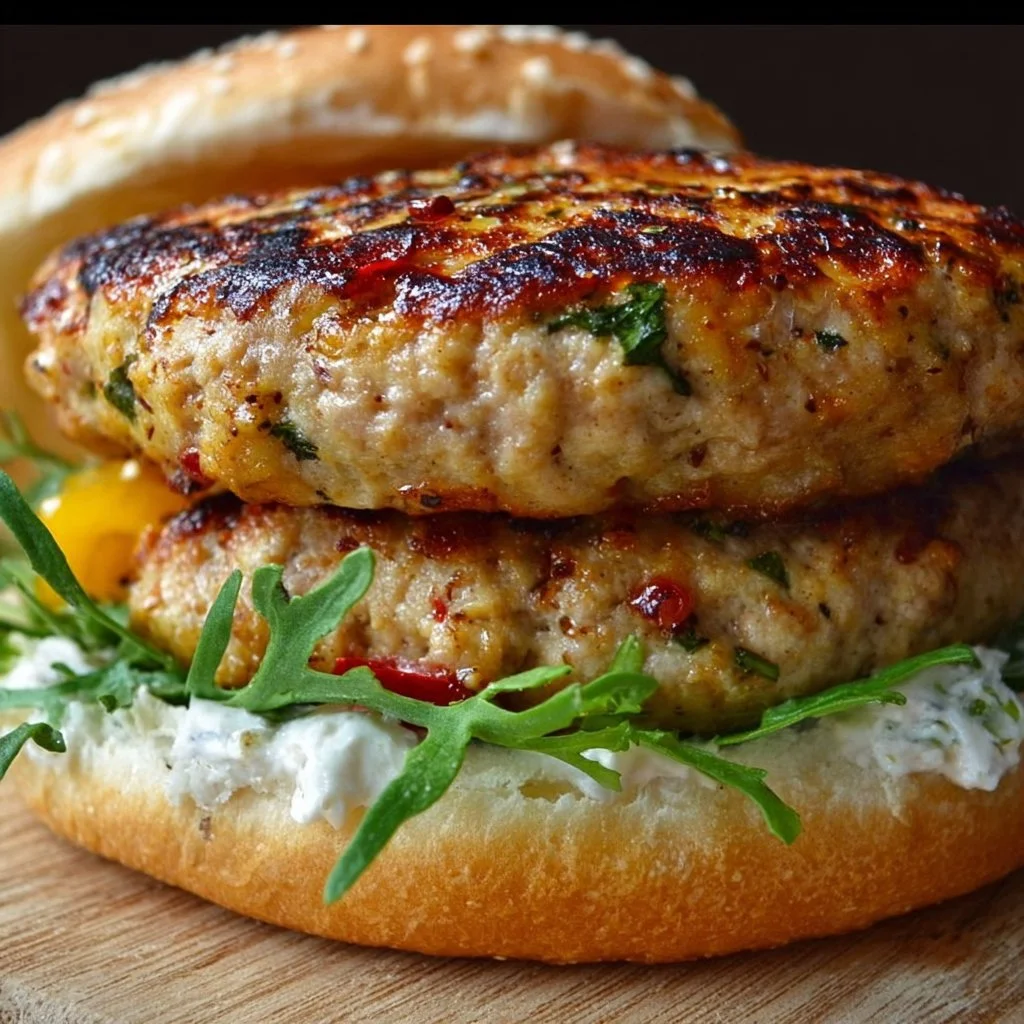 Juicy Greek Chicken Burger topped with feta and fresh veggies