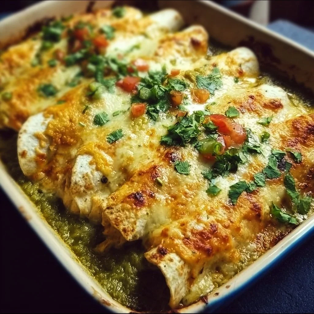 Delicious green enchiladas with chicken served on a plate with fresh toppings.