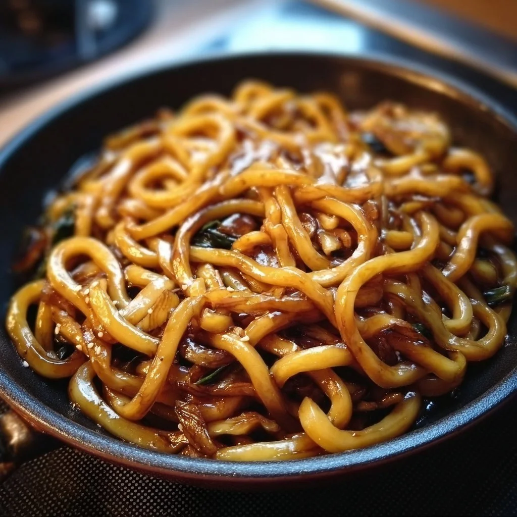 Delicious grilled udon noodles served with vibrant vegetables and sauce